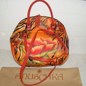 Anushka Hand Painted Leather Handbag Flowers & Dragonflies Round Shoulder Bag